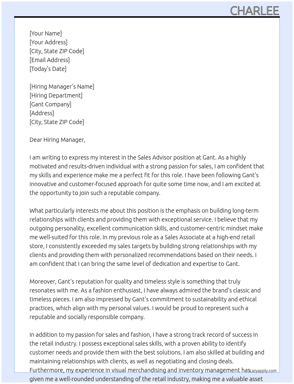 sales advisor At Gant Cover Letter