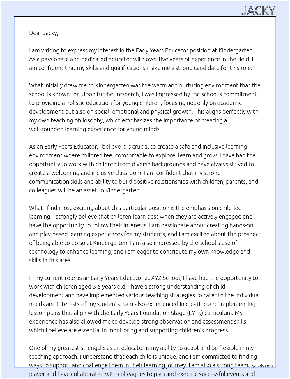 Early years educator At Kindergarten Cover Letter