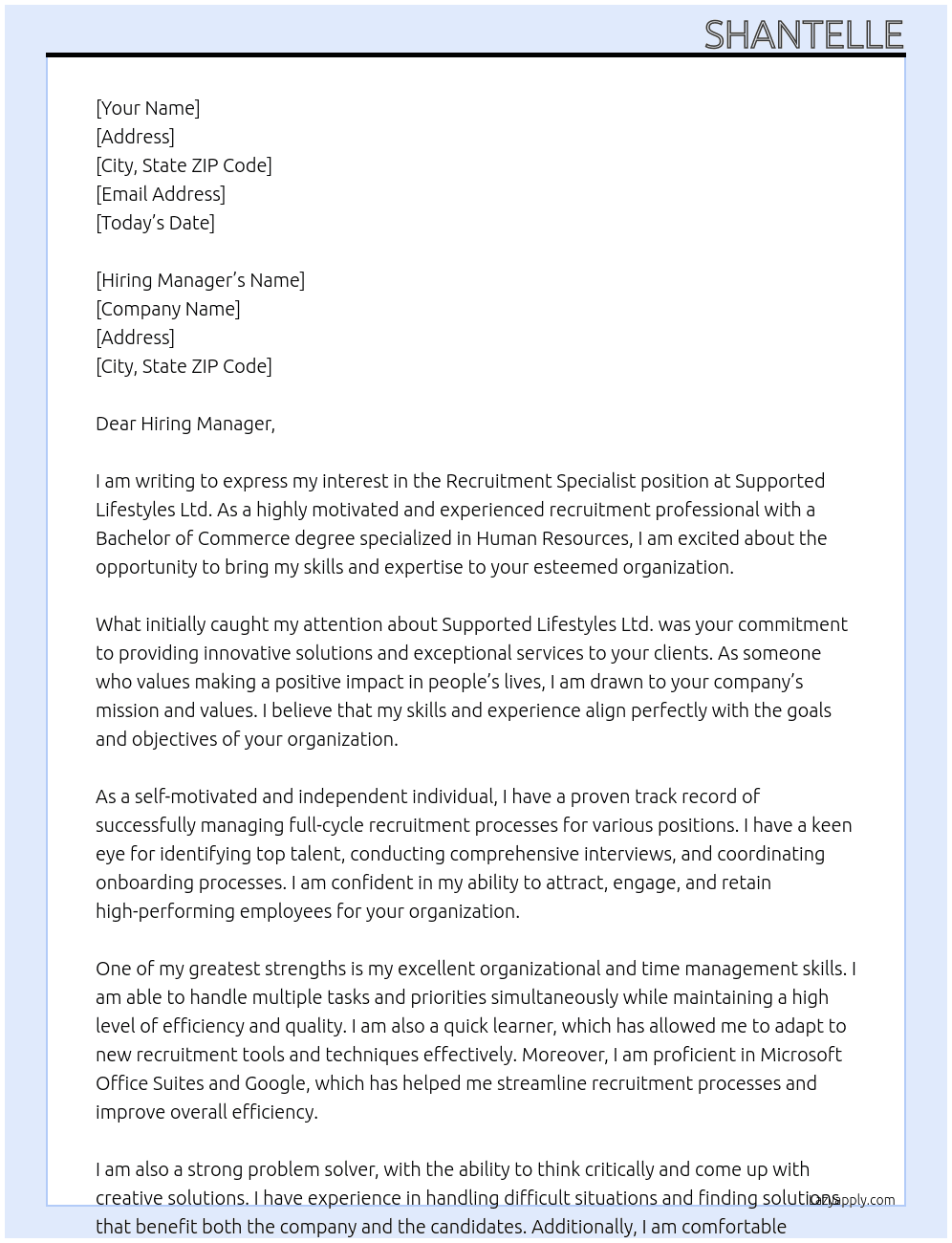 Recruitment Specialist At Supported Lifestyles Ltd. Cover Letter
