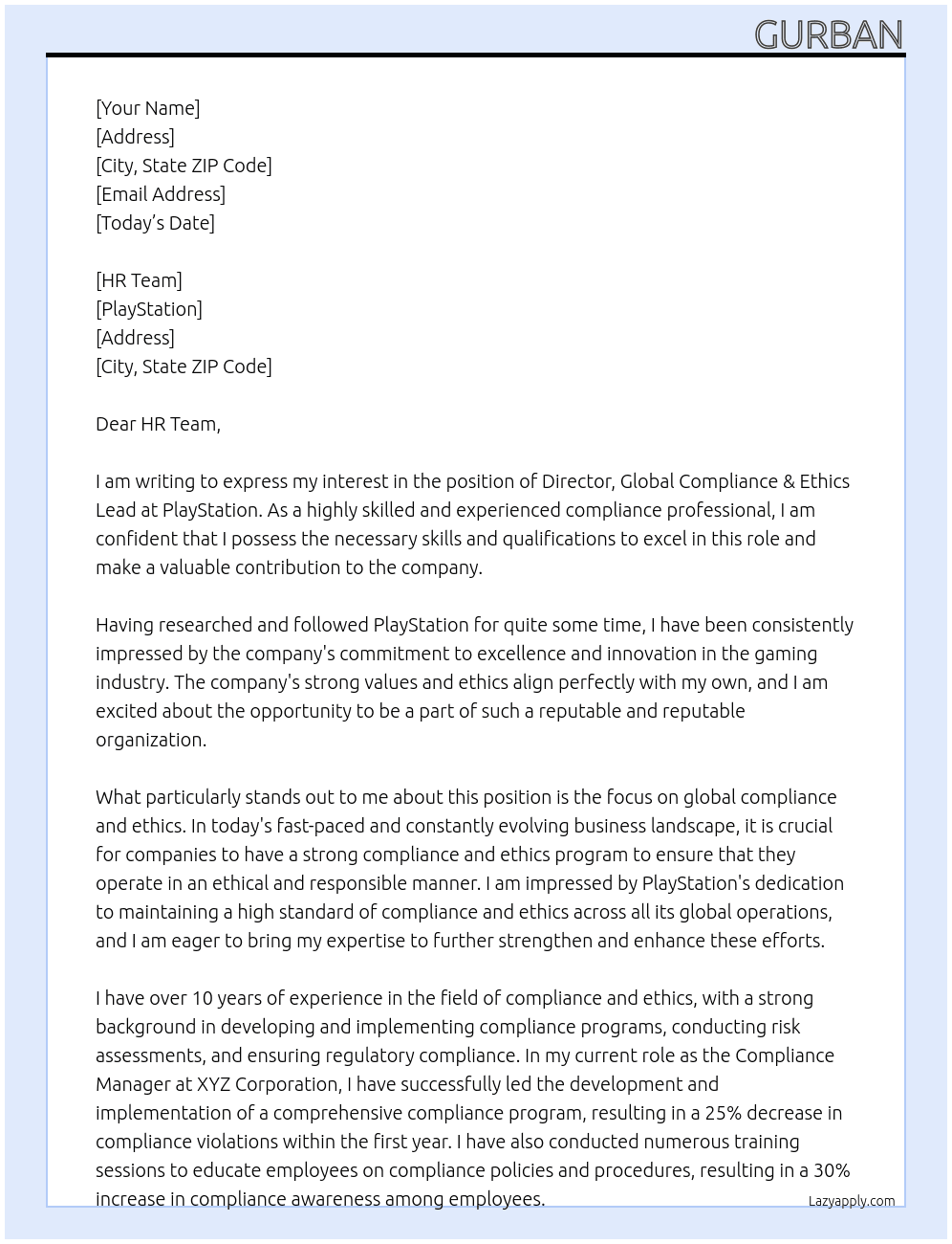 Director, Global Compliance & Ethics Lead At PlayStation Cover Letter