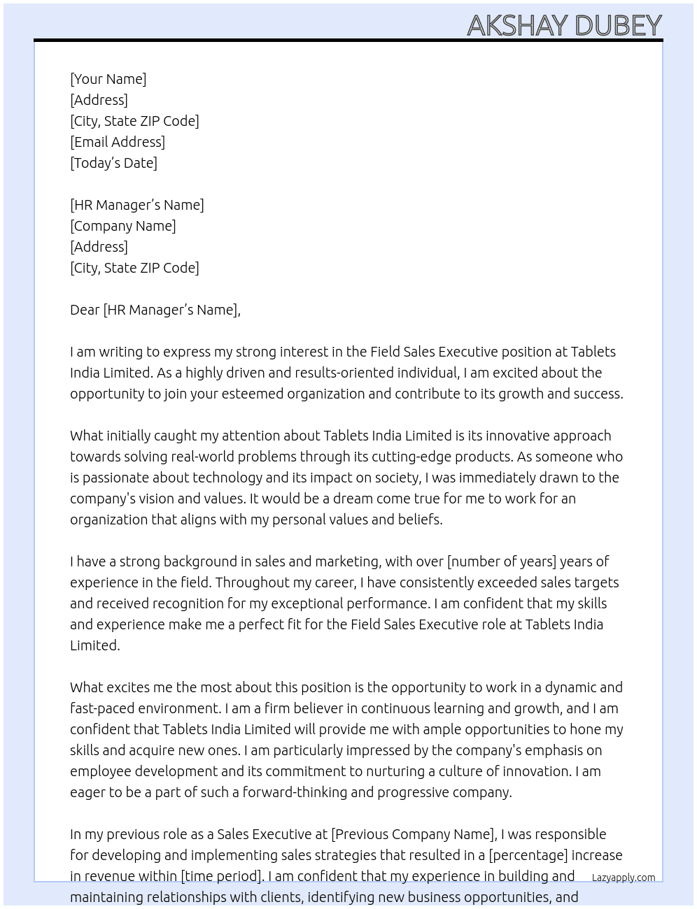 Field sales executive  At Tablets india limited  Cover Letter