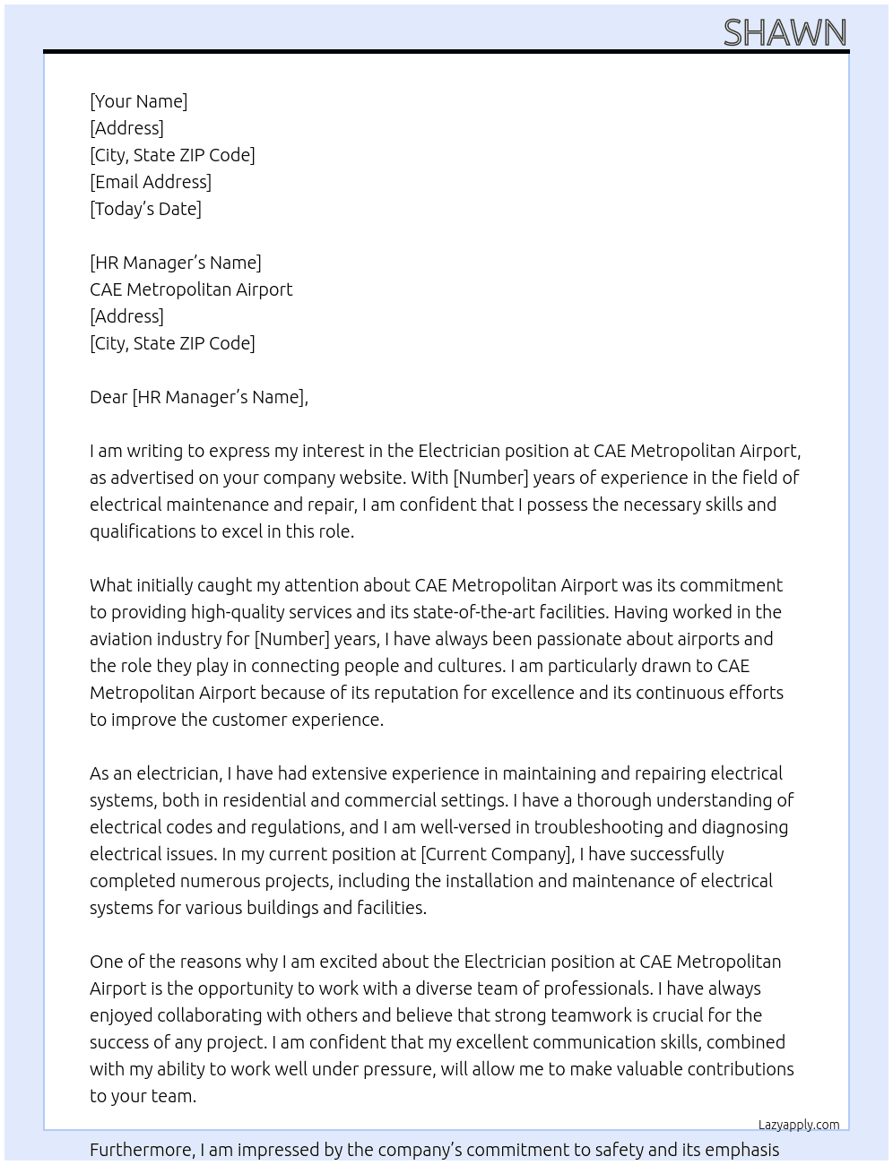 Electrician At CAE metropolitan airport Cover Letter
