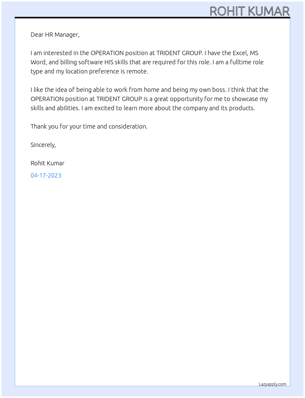 OPERATION At TRIDENT GROUP Cover Letter