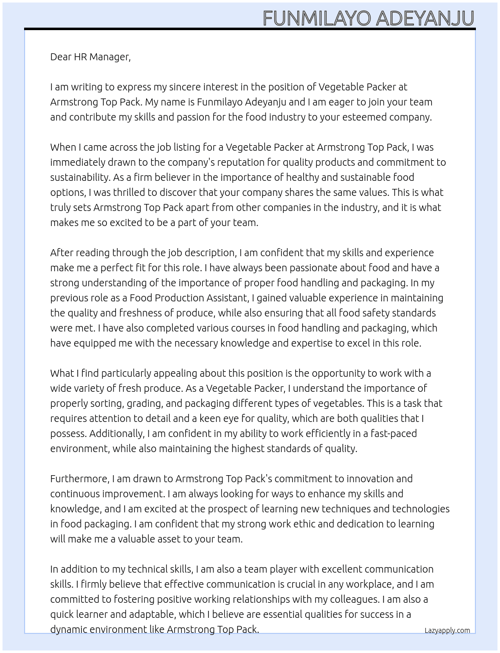 vegetable packer At armstrong top pack Cover Letter