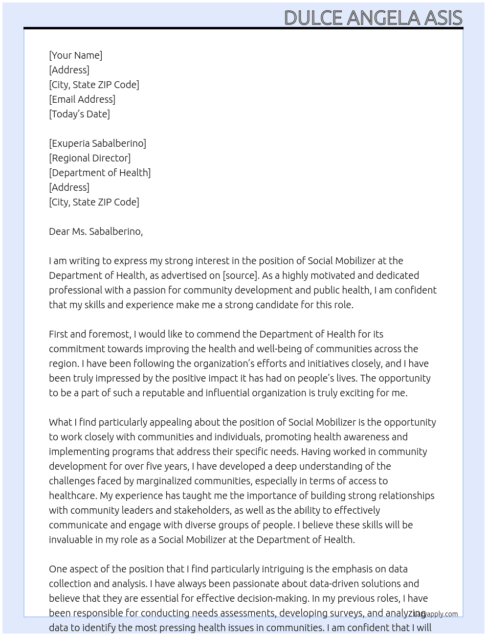 Social Mobilizer At Department of Health Cover Letter