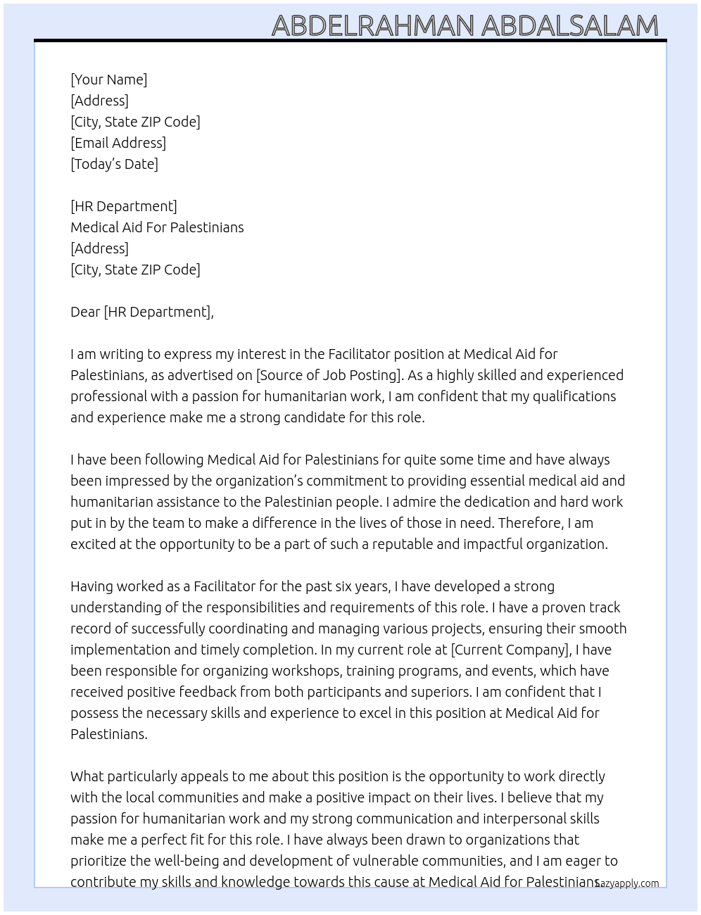 Facilitator  At Medical Aid For Palestinians Cover Letter