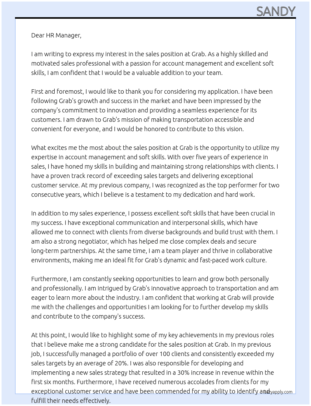 sales At Grab Cover Letter