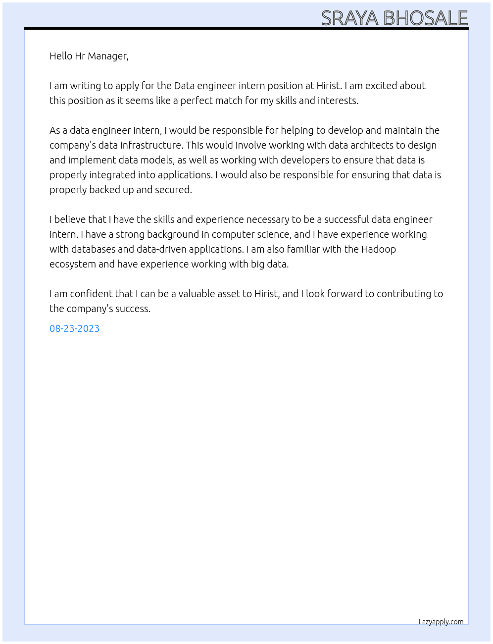 Data engineer intern At Hirist Cover Letter