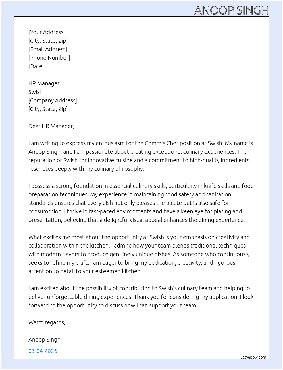 Cover letter for commis  chef - LazyApply