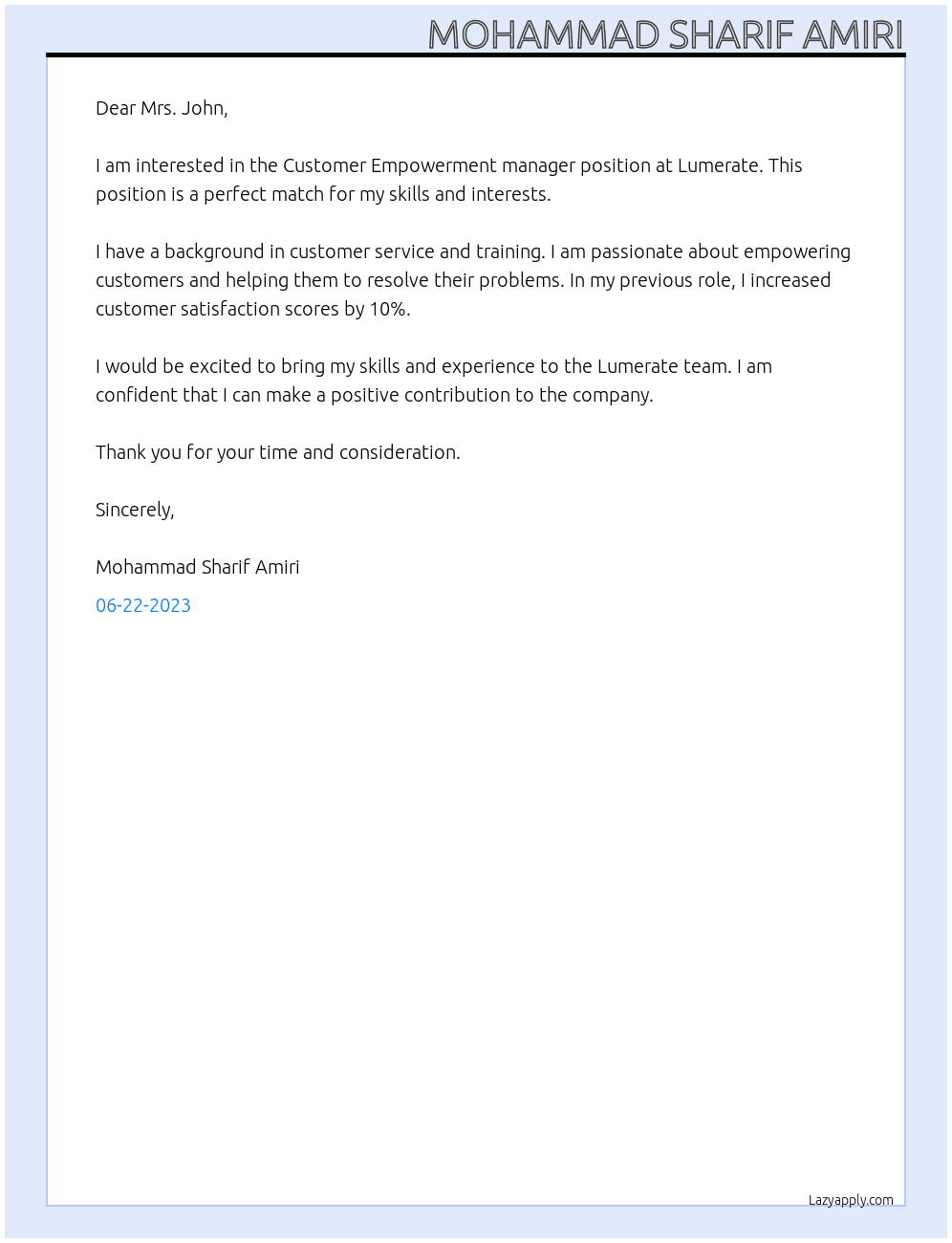 Customer Empowerment manager At Lumerate Cover Letter
