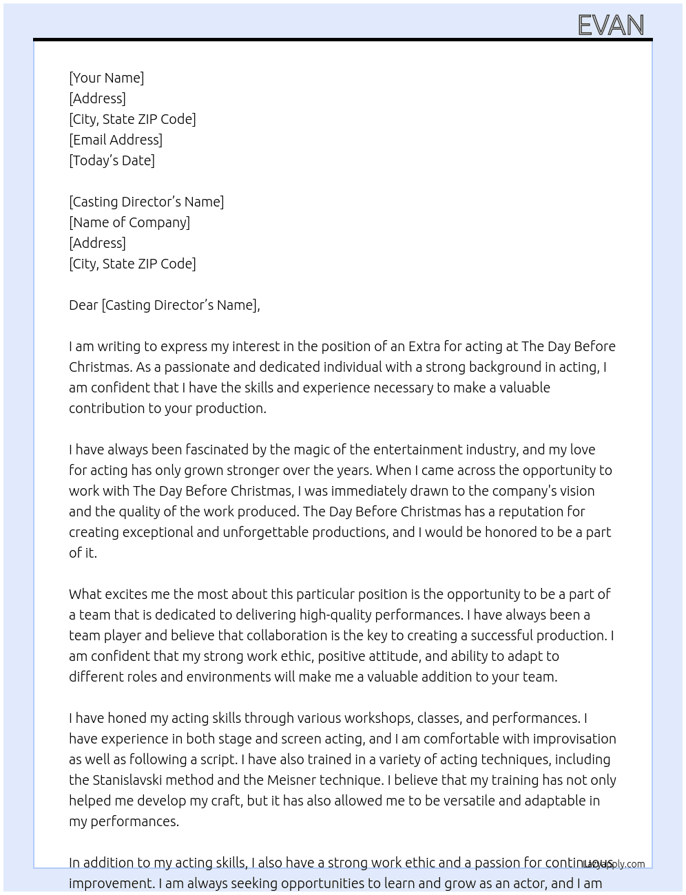 Extra for acting  At The Day Before Christmas  Cover Letter