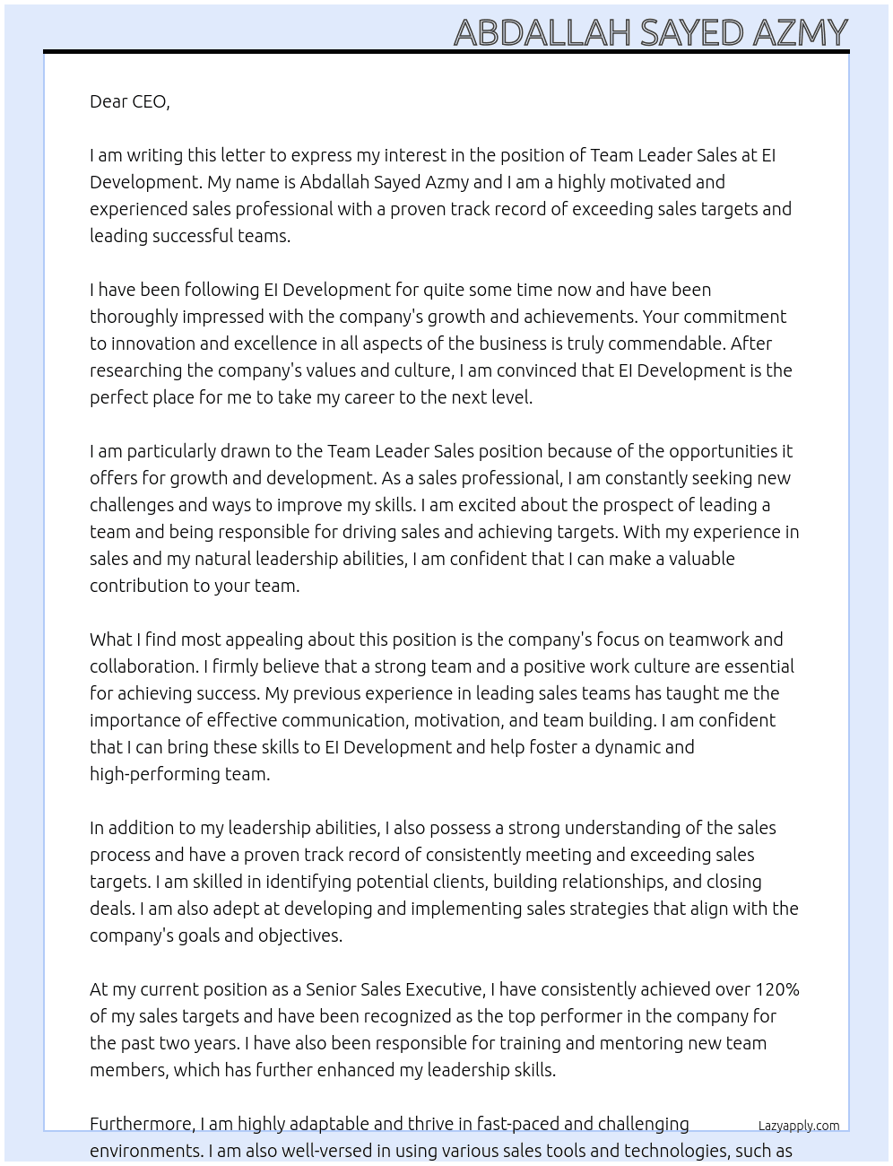 Team Leader sales At EI Development Cover Letter