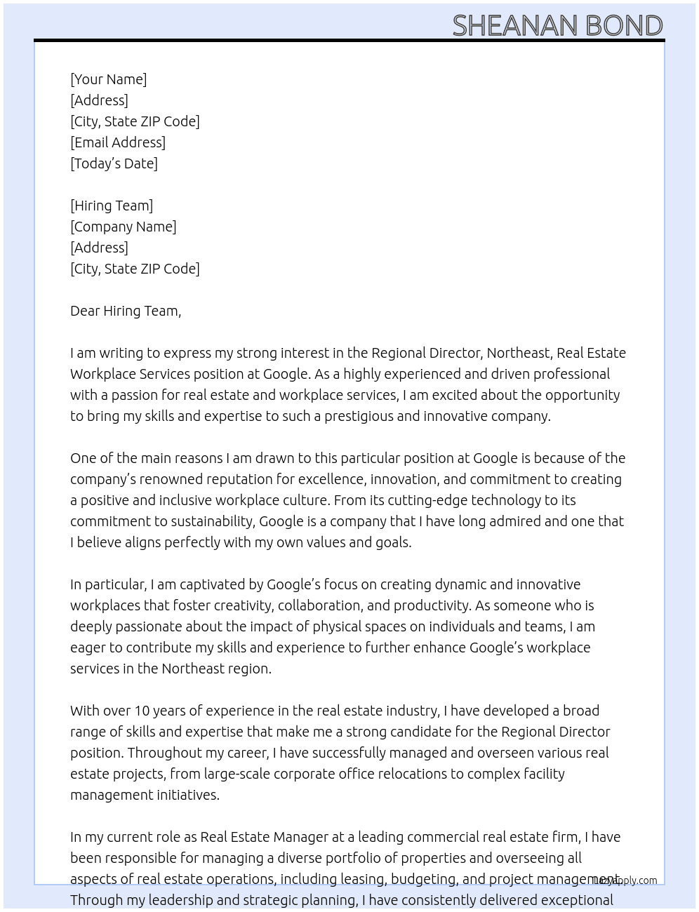 Cover letter for regional director, northeast, real estate workplace services - LazyApply