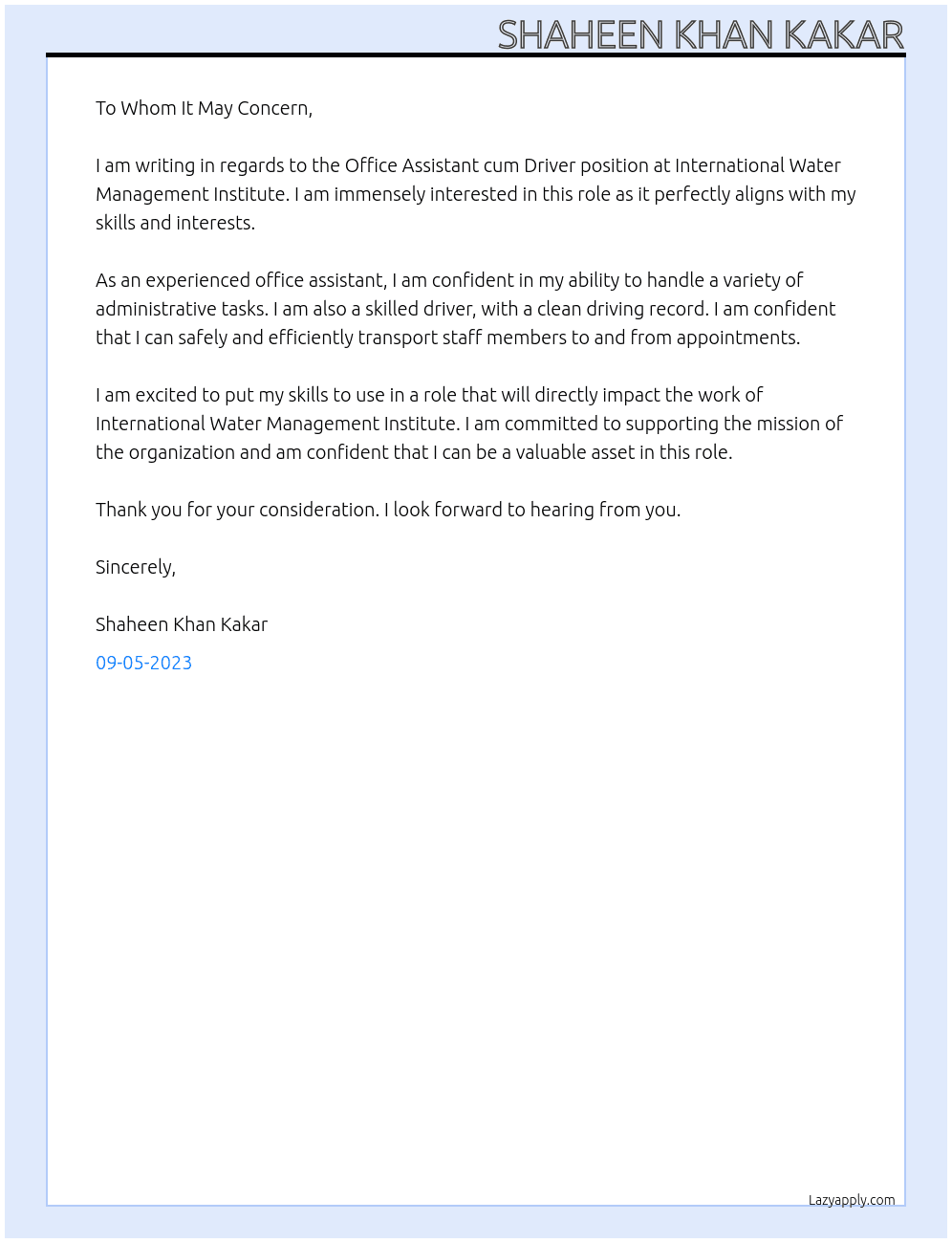 Office assistant cum driver At International Water Management Institute Cover Letter