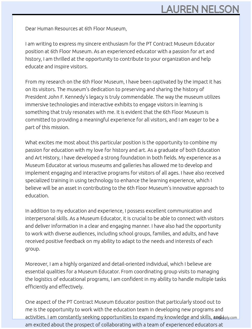 PT Contract Museum Educator At 6th Floor Museum Cover Letter