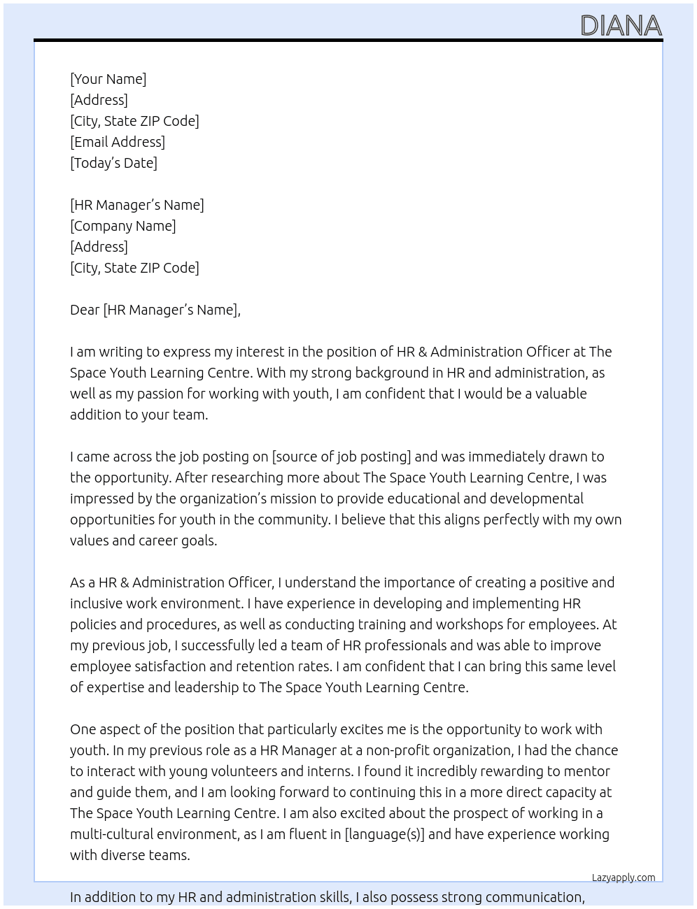 HR & Administration Officer At The Space Youth Learning Centre Cover Letter