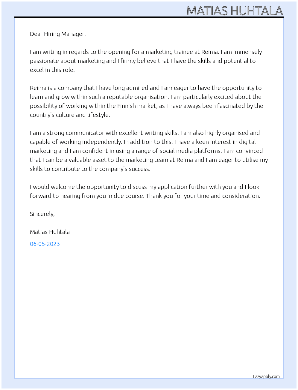 marketing trainee At Reima Cover Letter