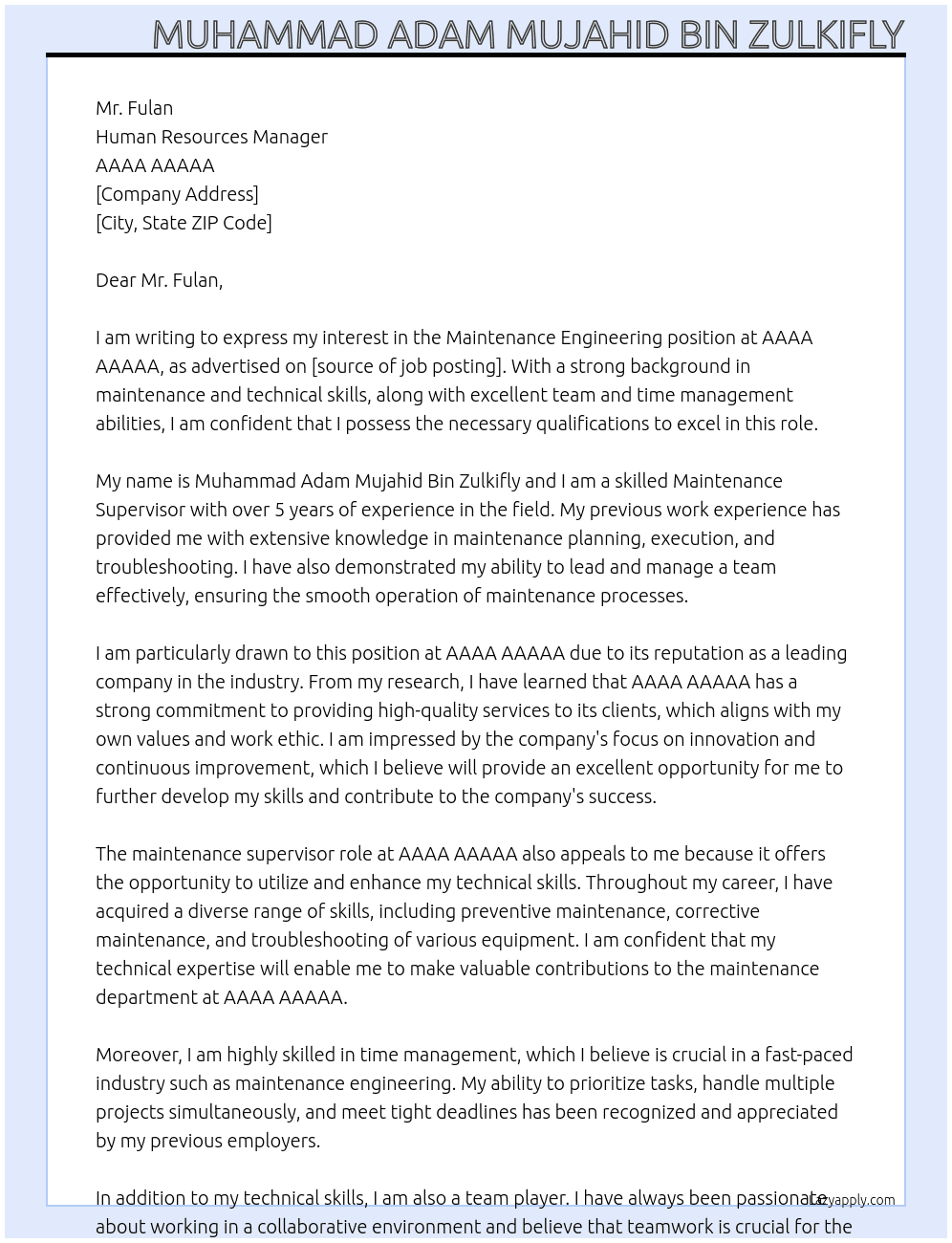 maintenance engineering At AAAA AAAAA Cover Letter