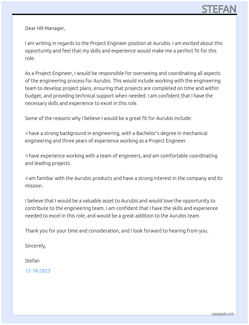 Project Engineer At Aurubis Cover Letter
