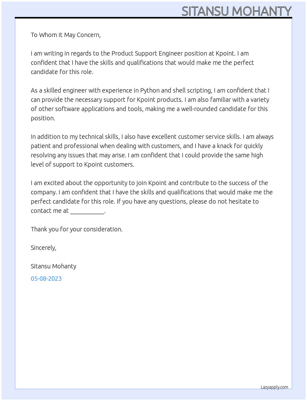 Product Support Engineer At Kpoint Cover Letter