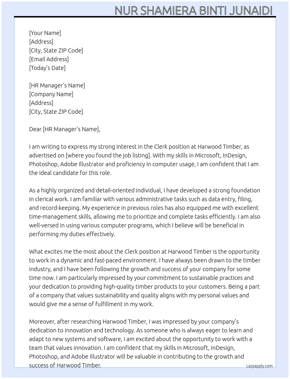 Clerk At Harwood timber Cover Letter