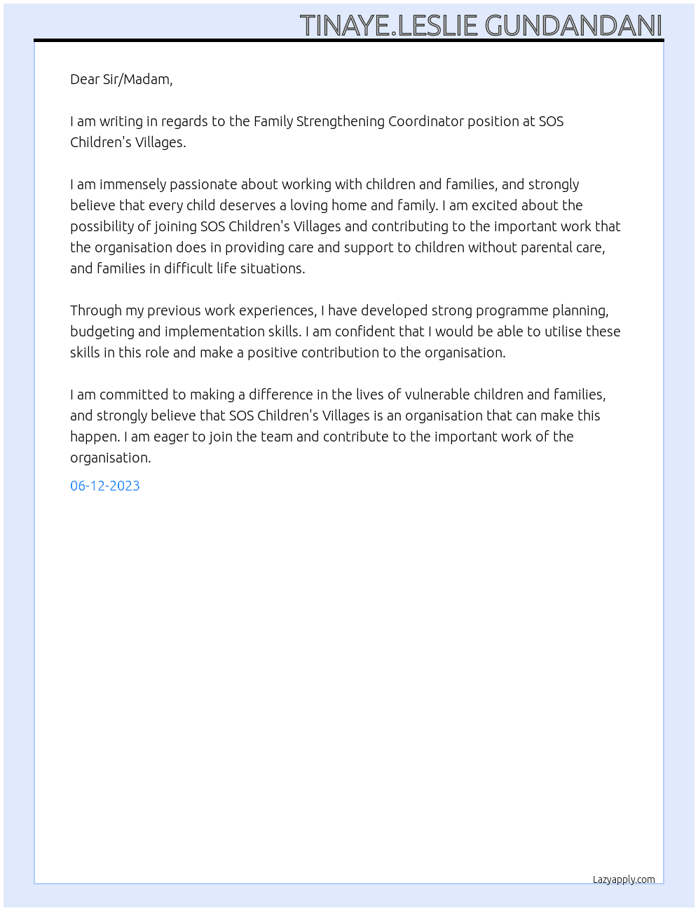 Family strengthening coordinator At Sos children's villages Cover Letter