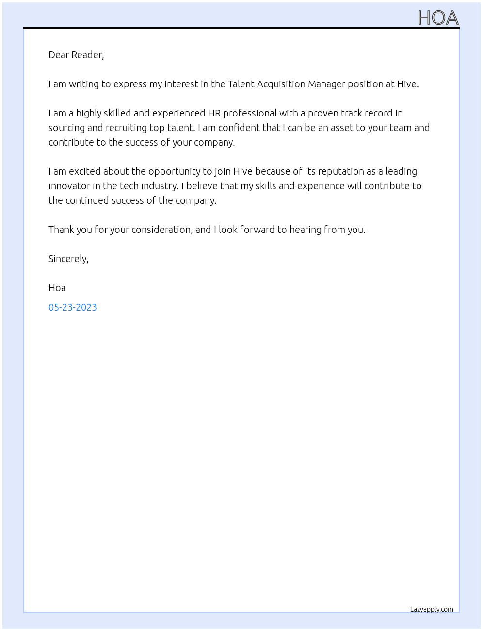 Talent Acquisition Manager At Hive Cover Letter