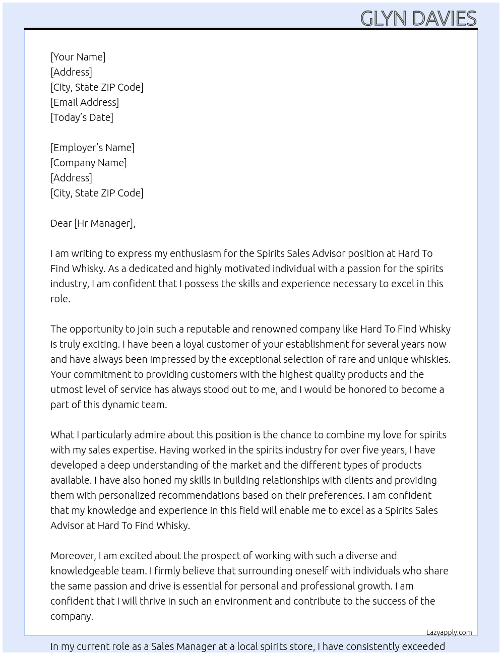  Spirits Sales Advisor At Hard To Find Whisky Cover Letter