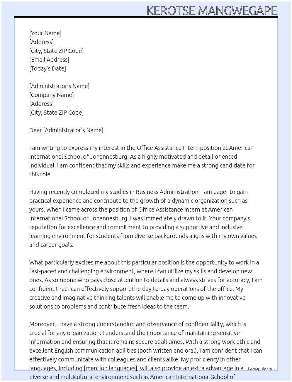 Office Assistance Intern At American International School of Johannesburg Cover Letter