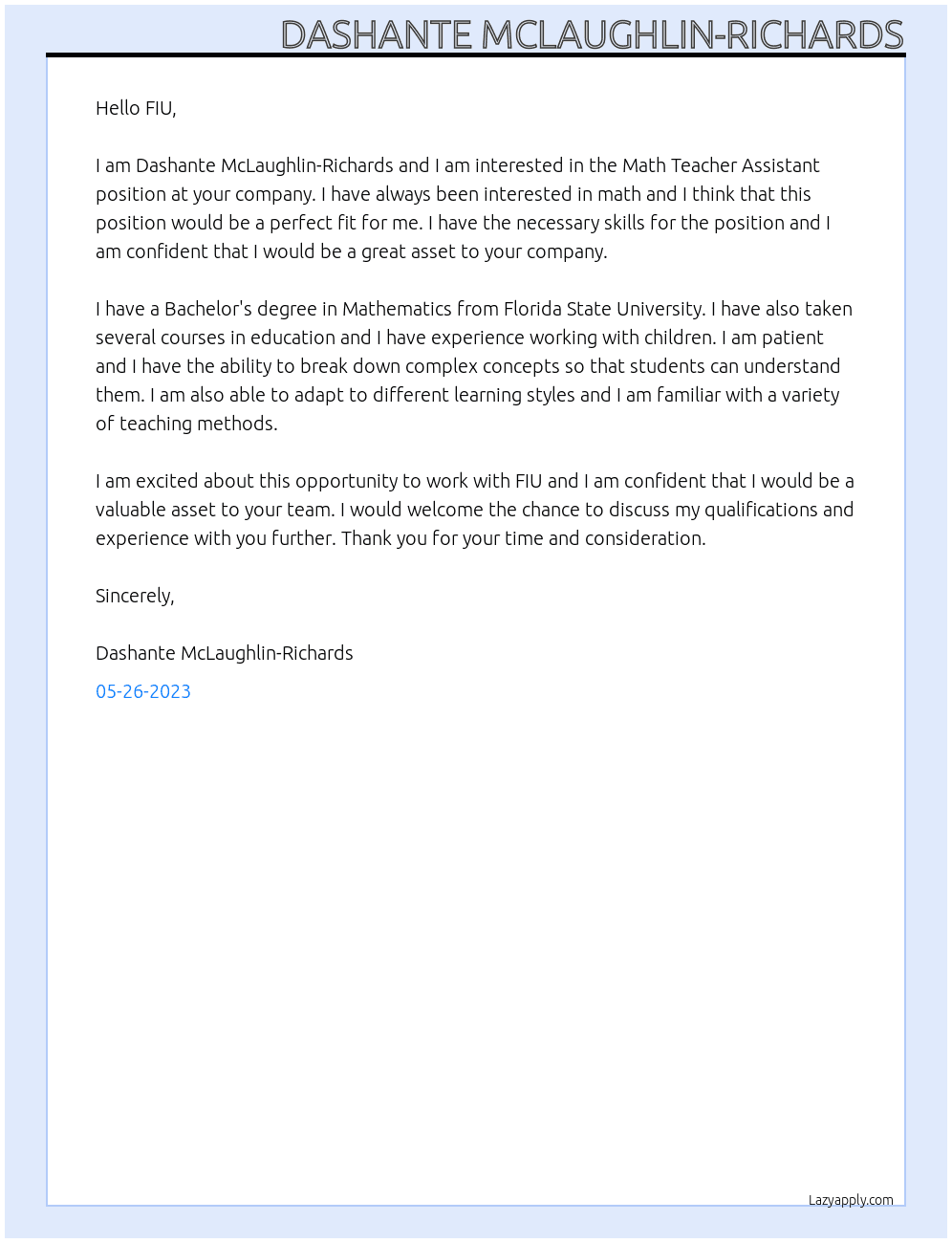 Math Teacher Assisstant At FIU Cover Letter