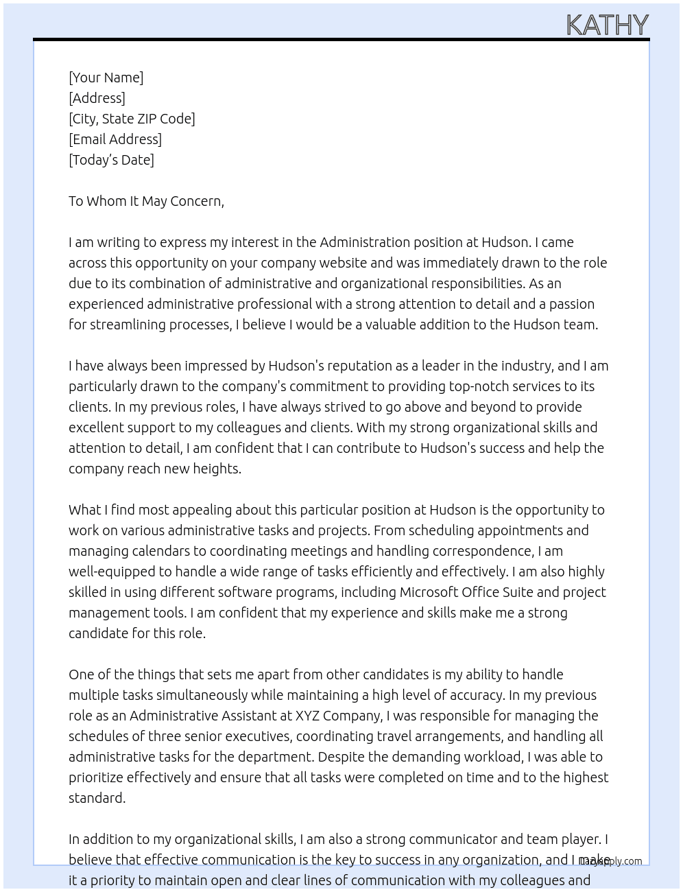 Administration At Hudson Cover Letter