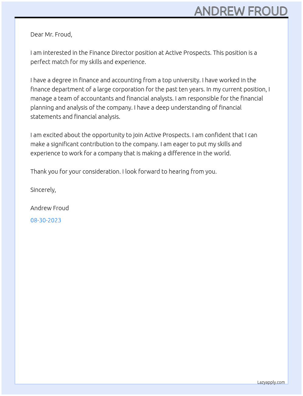 Finance Director At Active Prospects Cover Letter