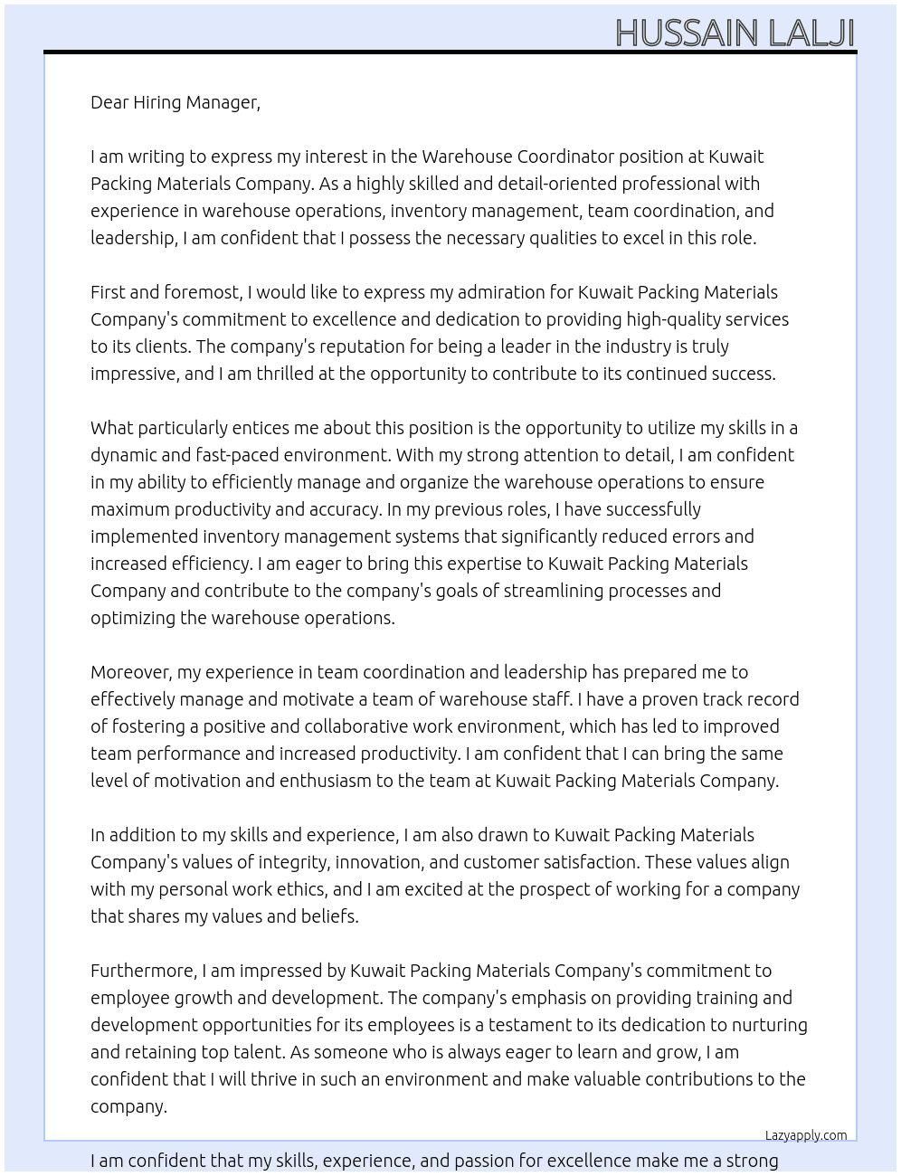 Warehouse coordinator  At Kuwait Packing Materials Company Cover Letter