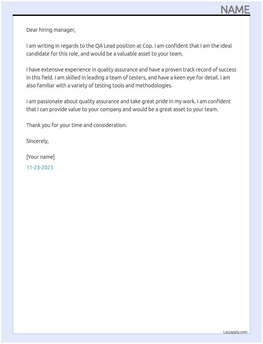 Qa lead At Cop Cover Letter