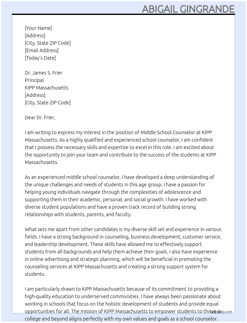 Middle School School Counselor  At KIPP Massachusetts Cover Letter