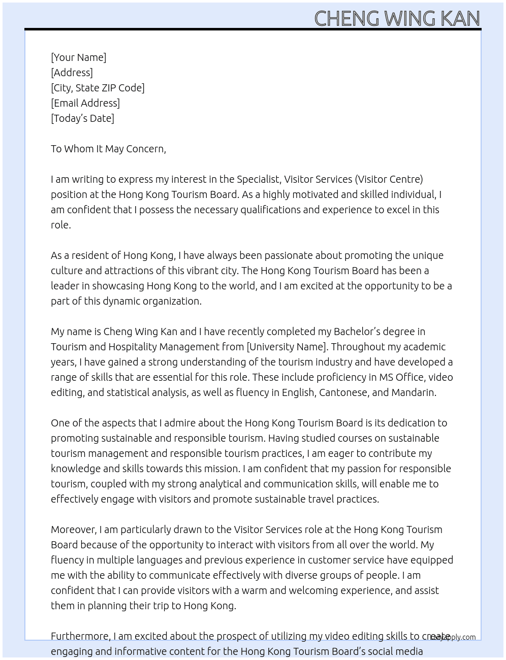 Specialist, Visitor Services (Visitor Centre) At Hong Kong Tourism Board Cover Letter