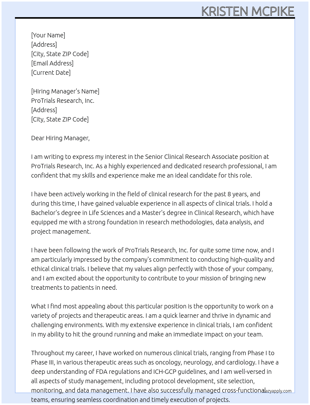 Senior Clinical Research Associate At ProTrials Research, Inc. Cover Letter