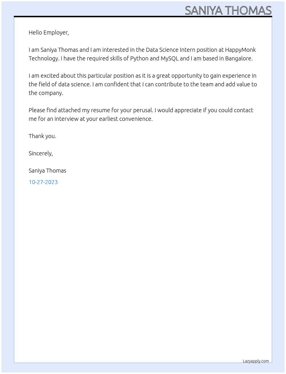 Data science intern At happymonk technology Cover Letter