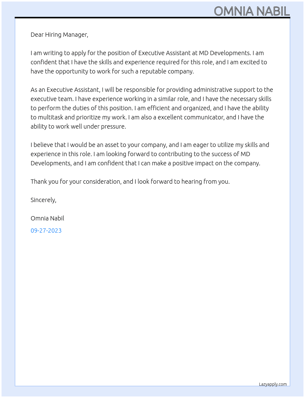 Executive Assistant  At MD Developments Cover Letter
