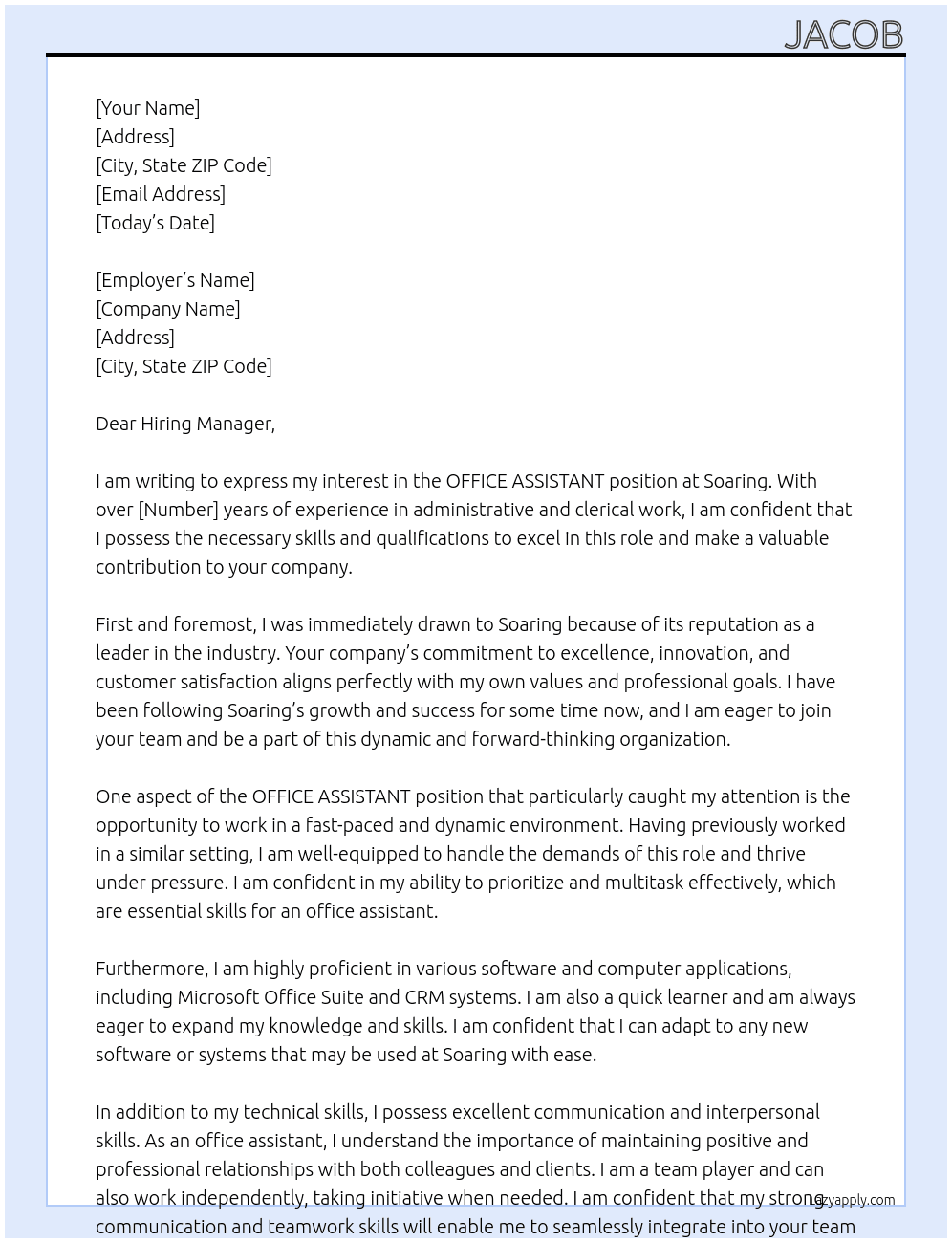 OFFICE ASSISTANT At Soaring Cover Letter