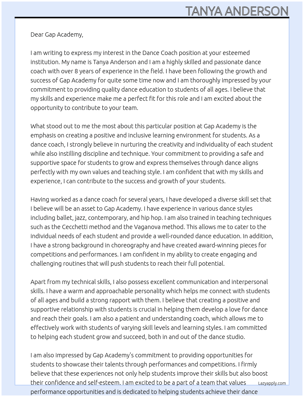 Dance Coach At Gap Academy  Cover Letter