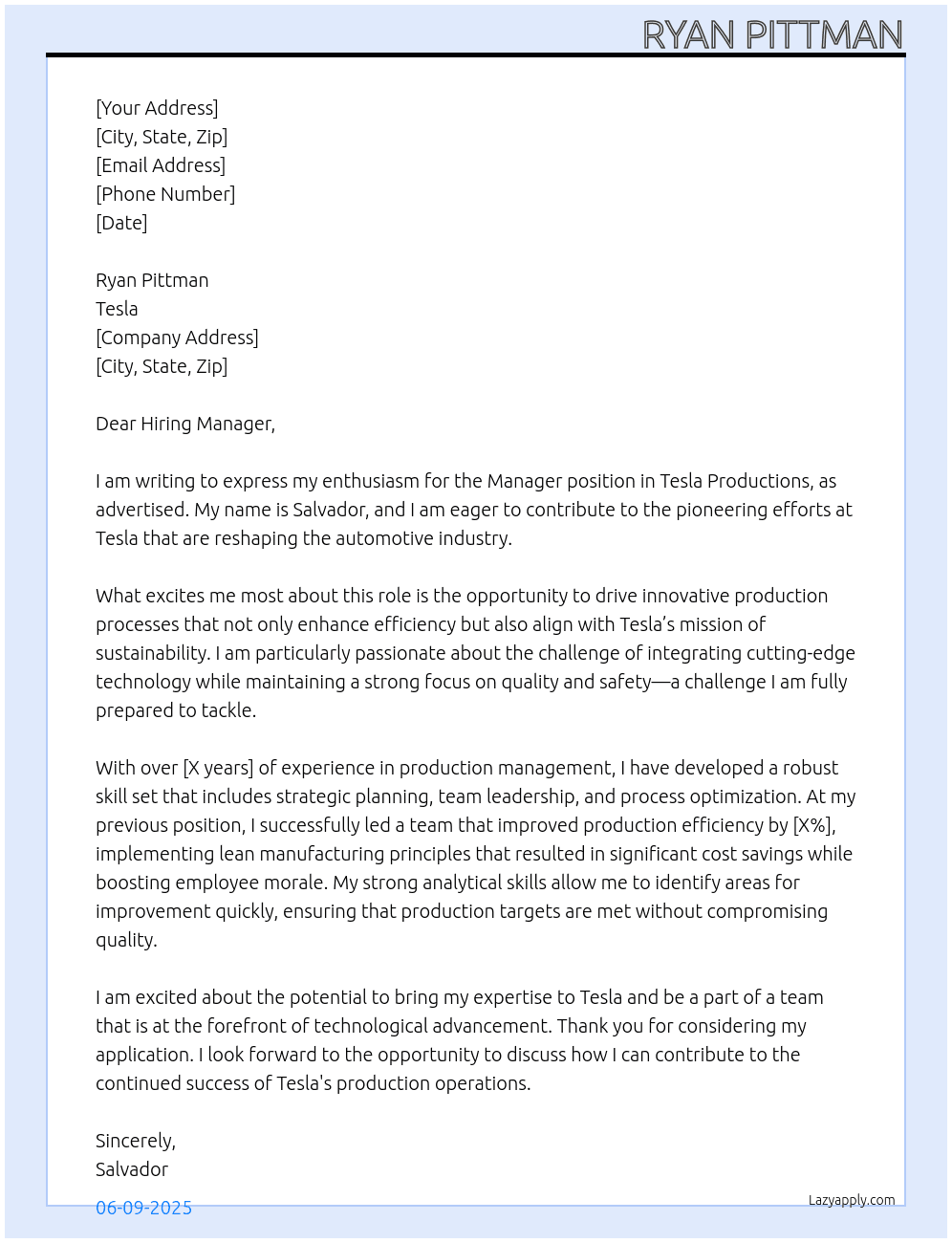 manager for tesla production At tesla Cover Letter