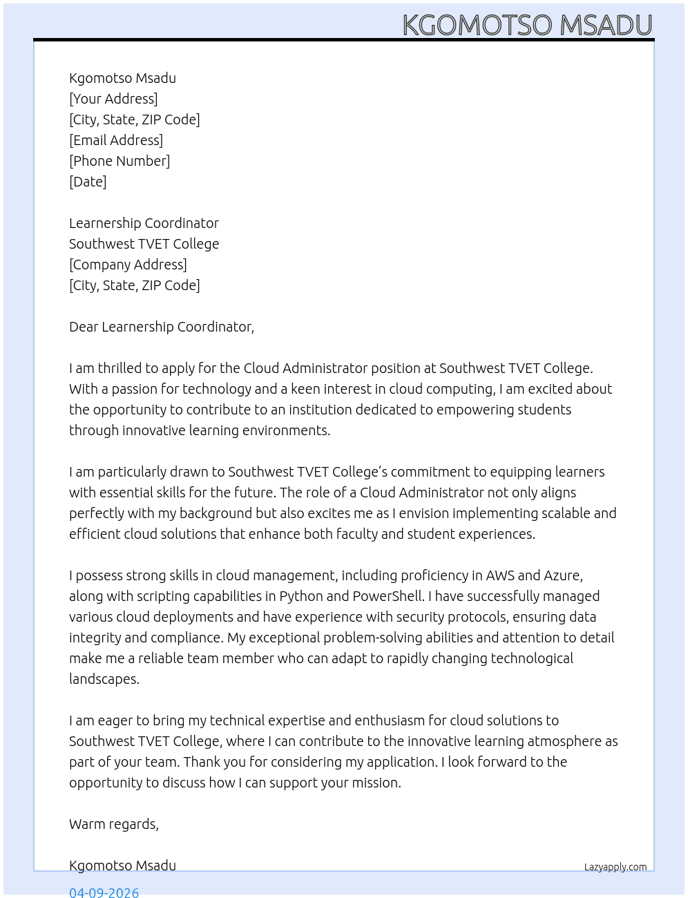Cover letter for cloud administrator - LazyApply