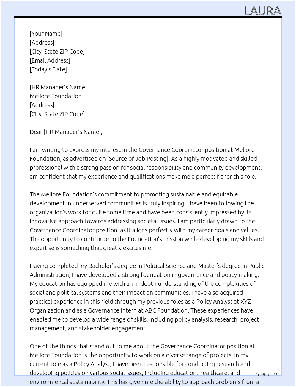 Governance Coordinator At Meliore Foundation Cover Letter