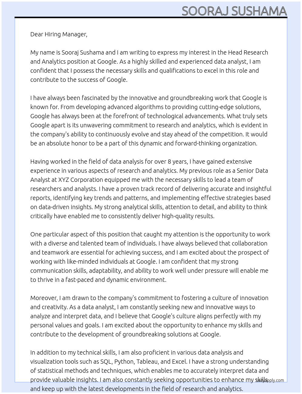 Cover letter for head research and analytics - LazyApply