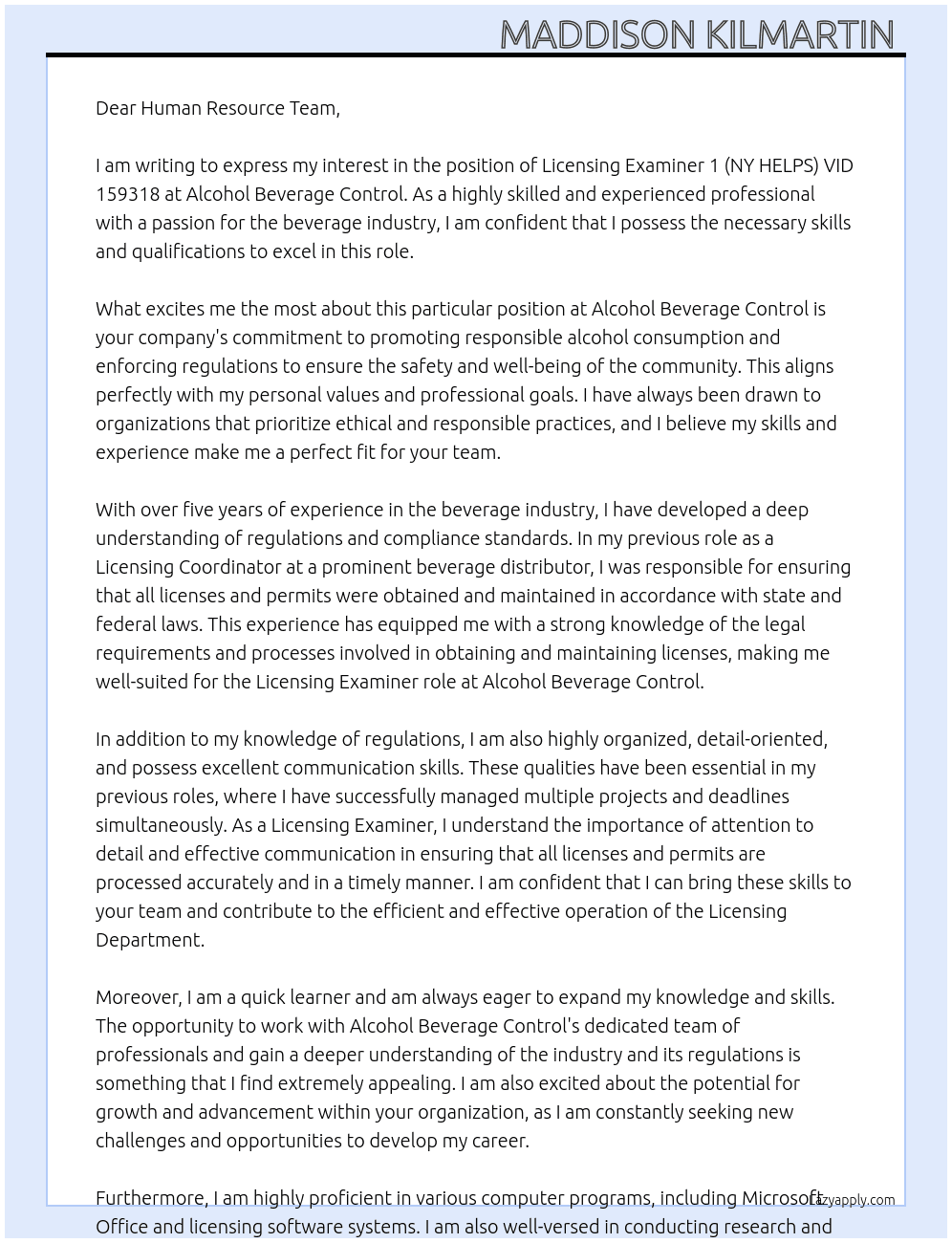 Licensing Examiner 1 (NY HELPS) VID 159318 At Alcohol Beverage Control  Cover Letter