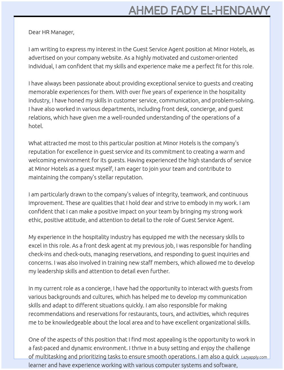 Guest service agent At Minor Hotels Cover Letter