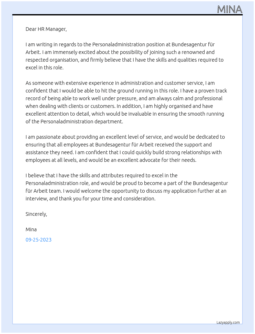 Personaladministration At Bundesagentur für Arbeit Cover Letter