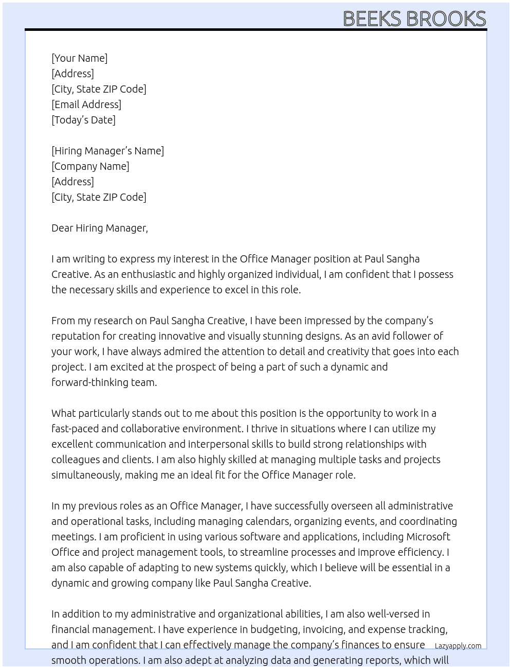 Office Manager At Paul Sangha Creative Cover Letter