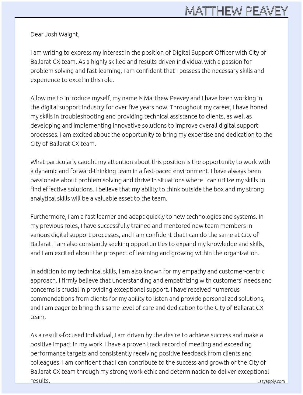 Digital Support Officer At City of Ballarat CX team Cover Letter